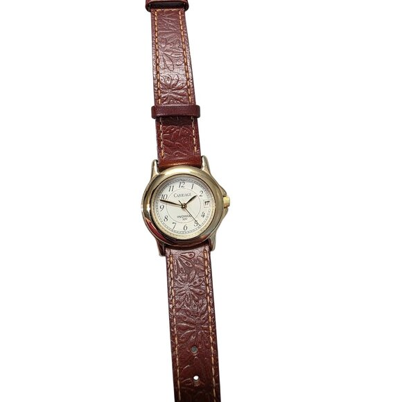 Carriage Timex Indiglo Watch Gold Tone 30M Brown Leather Band - Picture 6 of 10